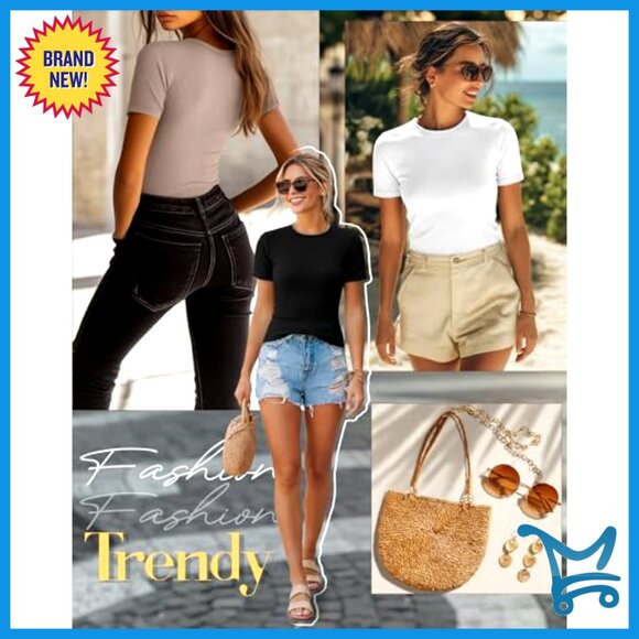 3 Pack Ribbed Cotton Tees, Short Sleeve Crewneck Fitted Tops - Picture 3 of 7